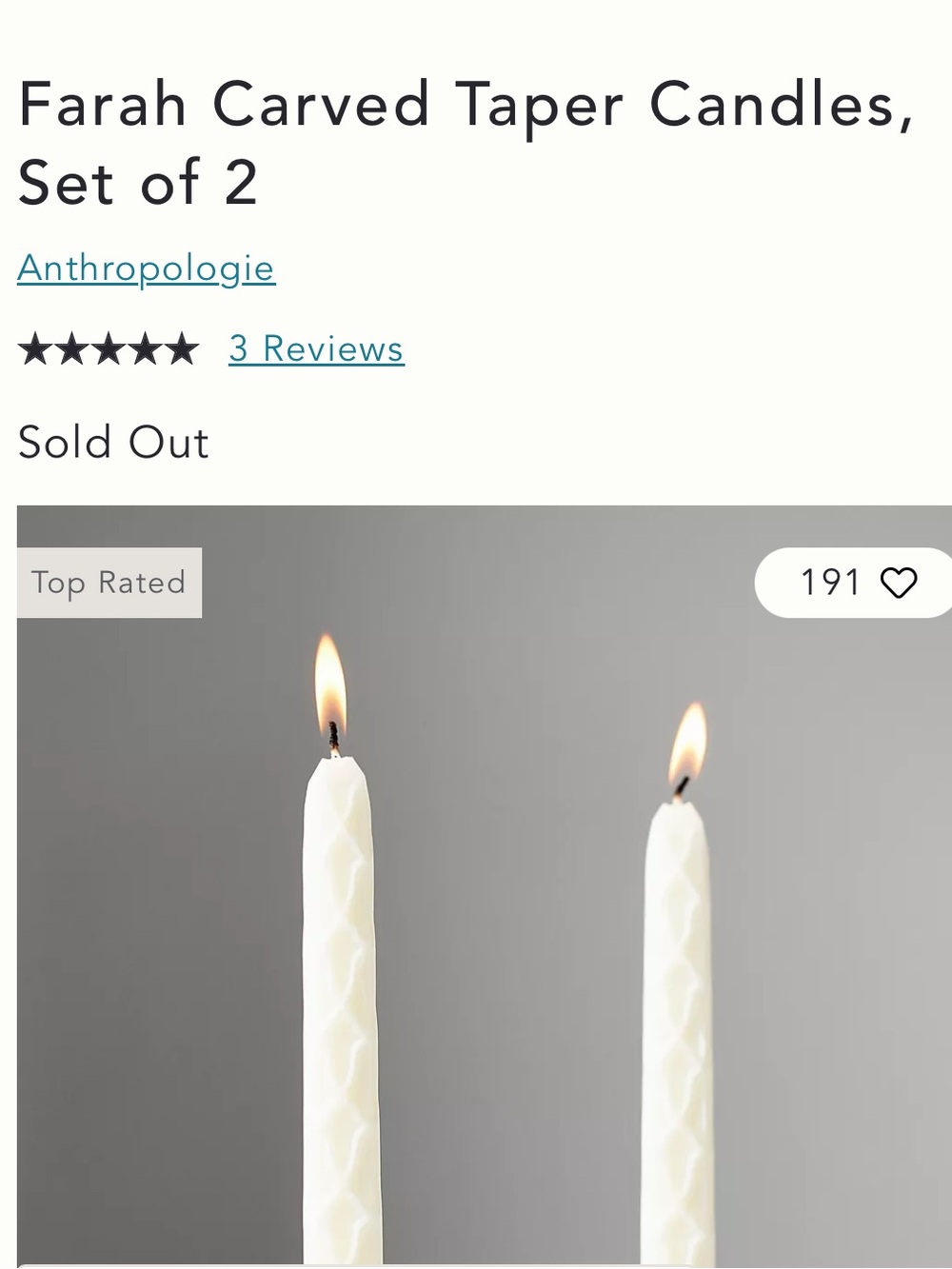 Anthropologie Farah Carved Taper Candles — Cream Set